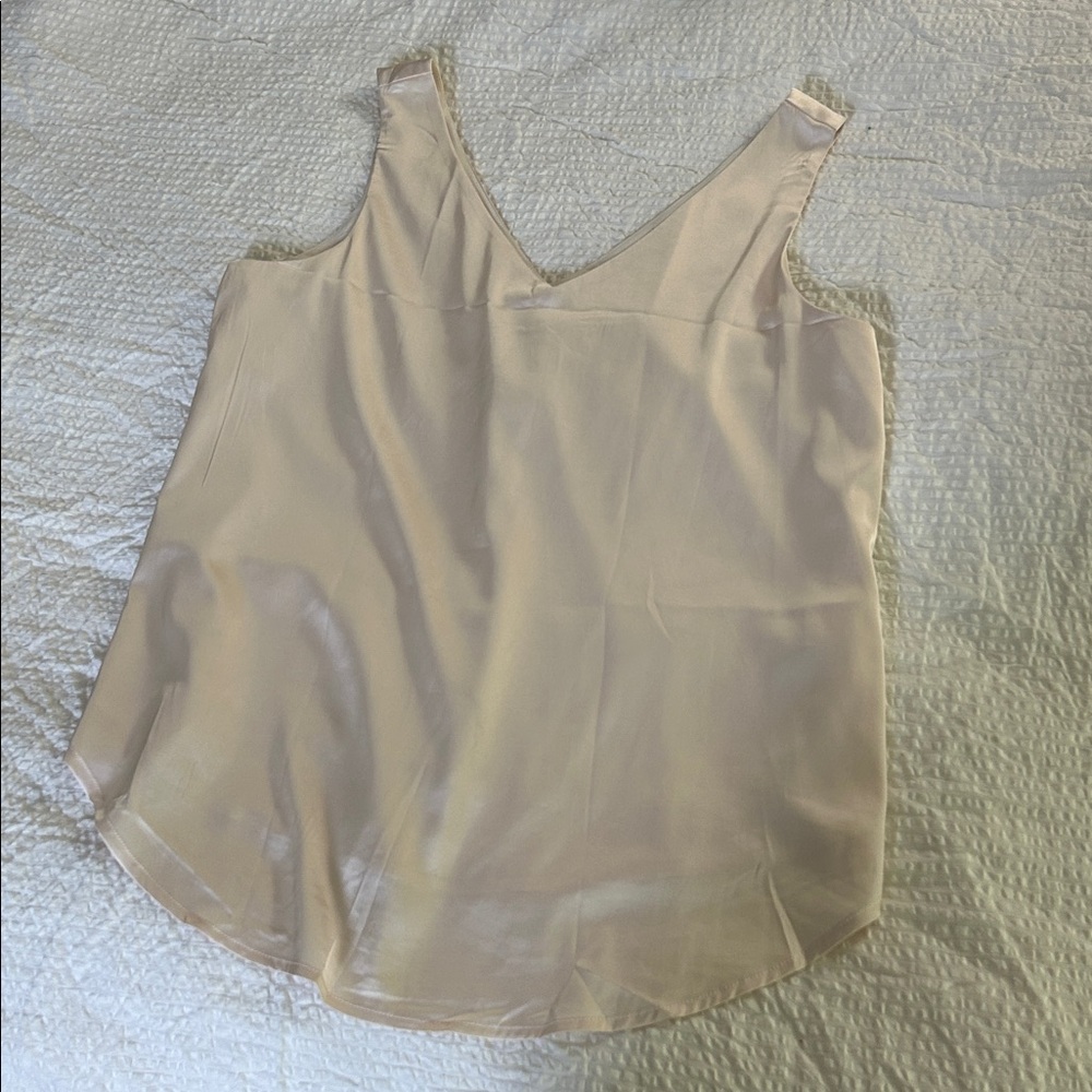 Cream Poly Satin Sleeveless V-Neck Top